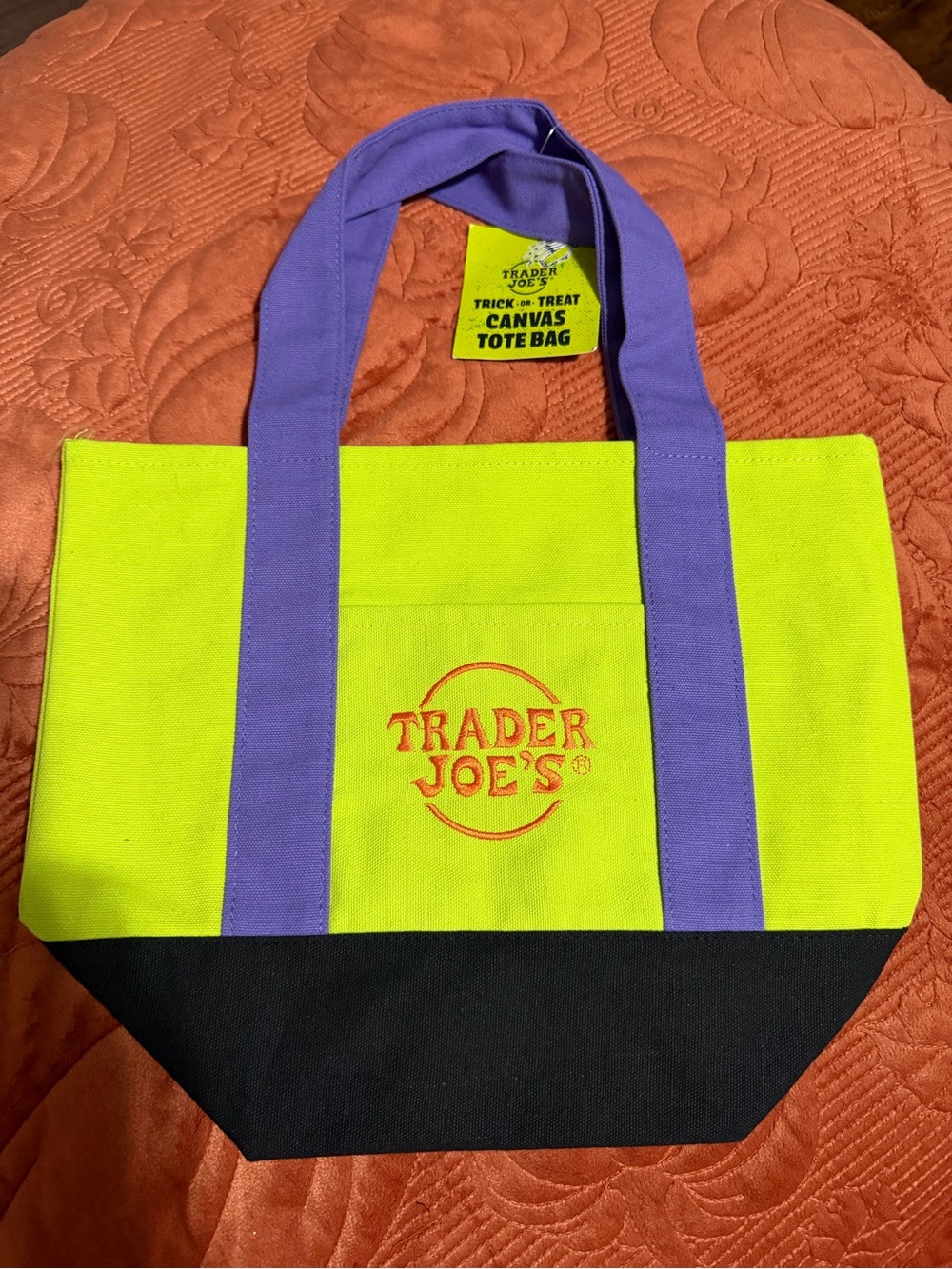 Trader Joe's Neon Yellow Canvas Tote with Purple Straps